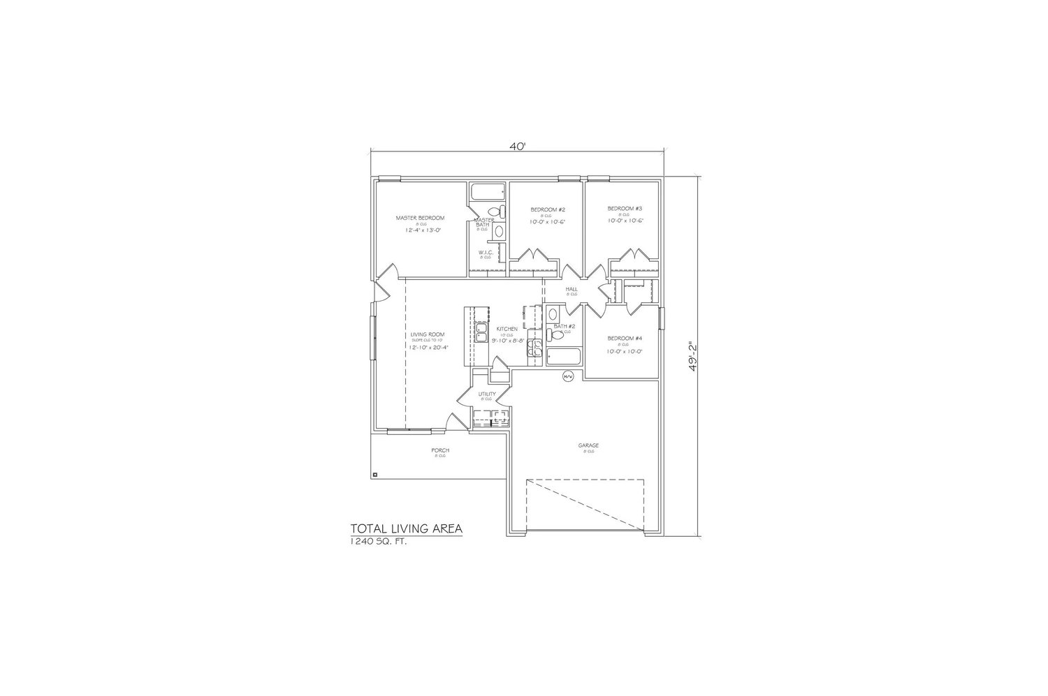 Floor plan: 4 bedrooms, 2 baths, living room, kitchen, utility room, 2-car garage and porch — 1,240 square feet
